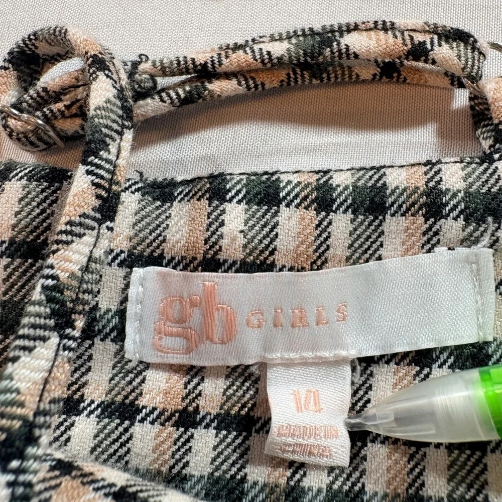 GB Girls Plaid Pinafore Dress Girls Size 14 Black Tan Checkered Sleeveless Mini